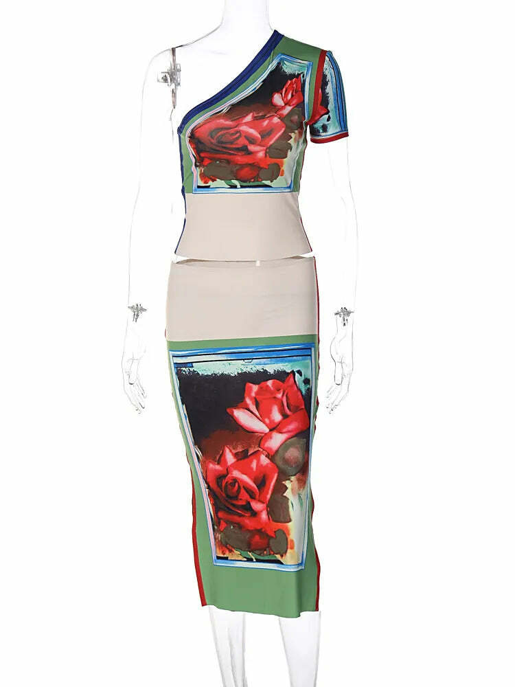 Y2K Rose Printed Skirt Set - 90s Grunge Summer Outfit, Retro Y2K Fashion for Women