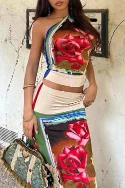 Y2K Rose Printed Skirt Set - 90s Grunge Summer Outfit, Retro Y2K Fashion for Women