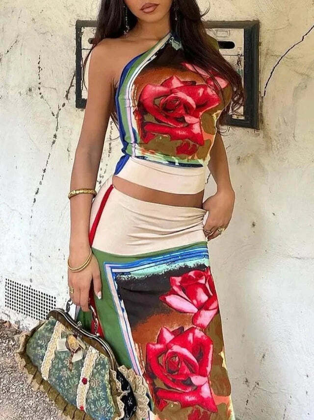 Y2K Rose Printed Skirt Set - 90s Grunge Summer Outfit, Retro Y2K Fashion for Women
