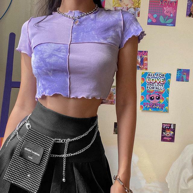 Y2K Ruffle Frill Patchwork Crop Top - 90s Grunge, Retro Summer, Pastel Goth, Y2K Party Outfit