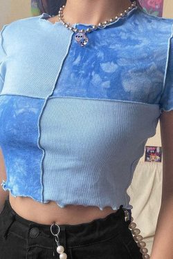 Y2K Ruffle Frill Patchwork Crop Top - 90s Grunge, Retro Summer, Pastel Goth, Y2K Party Outfit
