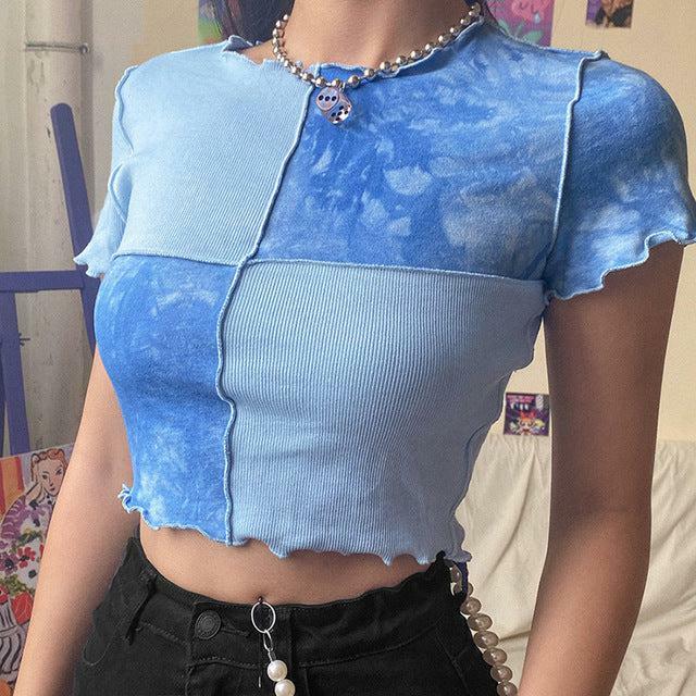Y2K Ruffle Frill Patchwork Crop Top - 90s Grunge, Retro Summer, Pastel Goth, Y2K Party Outfit