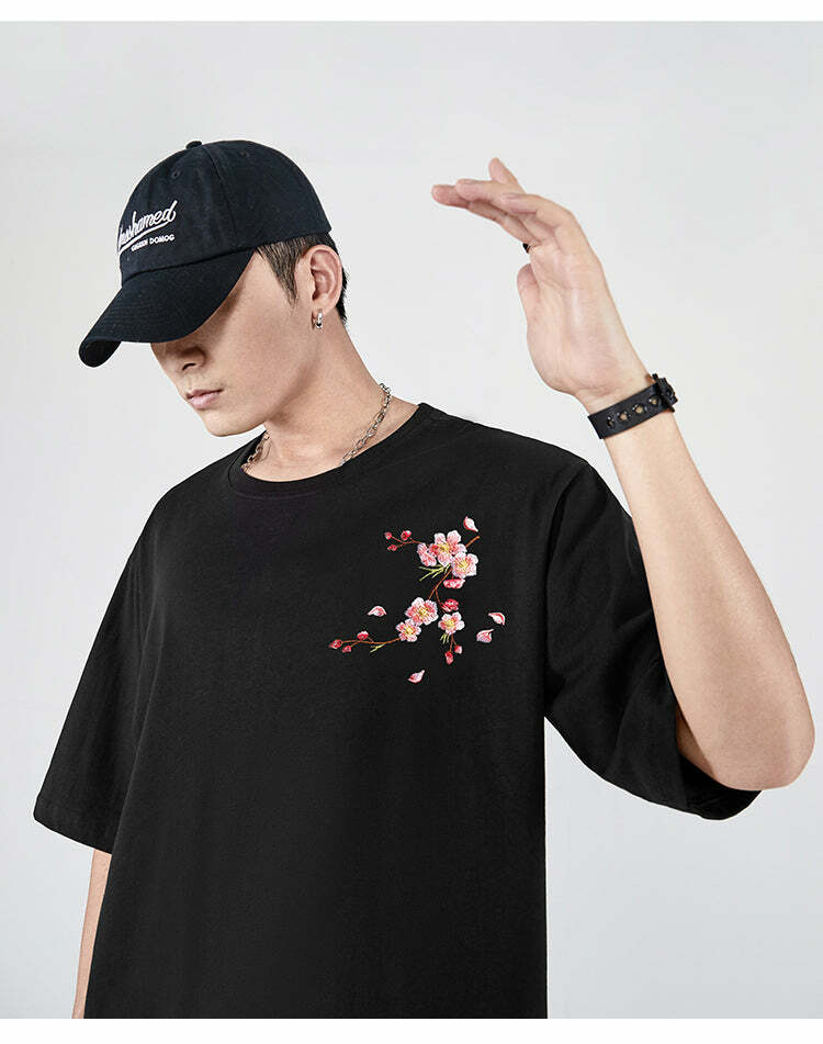 Y2K Sakura Flowers Embroidered Tee - 90s Grunge, Retro Summer, Pastel Goth, Y2K Fashion