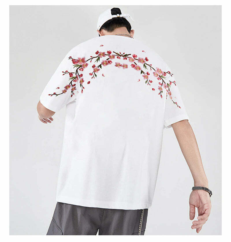 Y2K Sakura Flowers Embroidered Tee - 90s Grunge, Retro Summer, Pastel Goth, Y2K Fashion