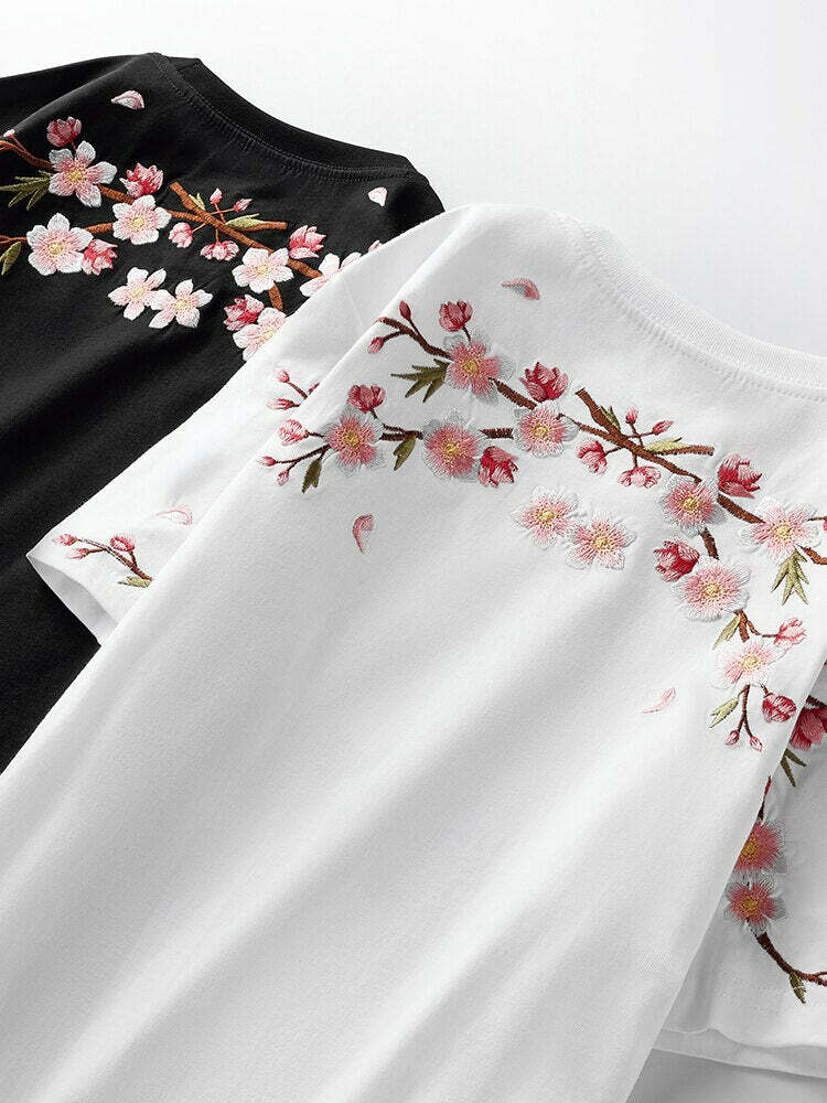 Y2K Sakura Flowers Embroidered Tee - 90s Grunge, Retro Summer, Pastel Goth, Y2K Fashion