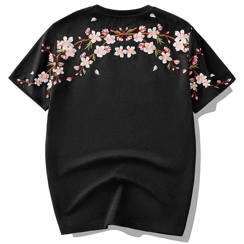 Y2K Sakura Flowers Embroidered Tee - Retro 90s Grunge, Pastel Goth, Summer Y2K Outfits