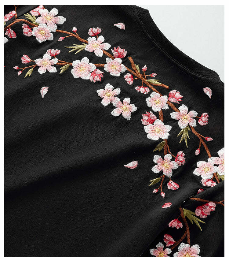Y2K Sakura Flowers Embroidered Tee - Retro 90s Grunge, Pastel Goth, Summer Y2K Outfits