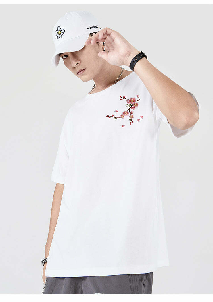 Y2K Sakura Flowers Embroidered Tee - Retro 90s Grunge, Pastel Goth, Summer Y2K Outfits