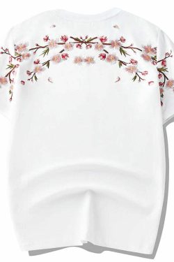 Y2K Sakura Flowers Embroidered Tee - Retro 90s Grunge, Pastel Goth, Summer Y2K Outfits
