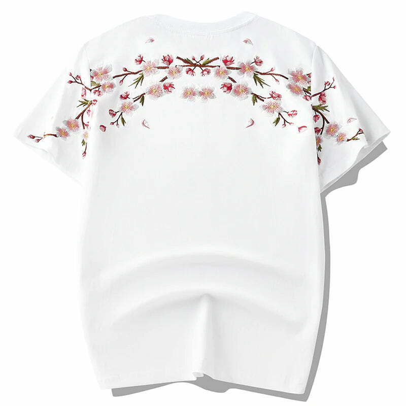 Y2K Sakura Flowers Embroidered Tee - Retro 90s Grunge, Pastel Goth, Summer Y2K Outfits