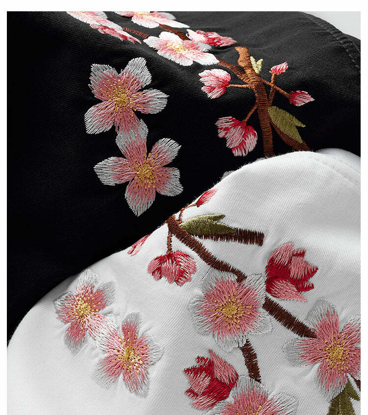 Y2K Sakura Flowers Embroidered Tee - Retro 90s Grunge, Pastel Goth, Summer Y2K Outfits