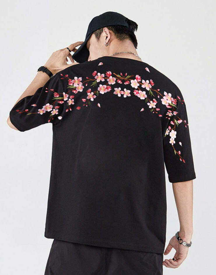 Y2K Sakura Flowers Embroidered Tee - Retro 90s Grunge, Pastel Goth, Summer Y2K Outfits