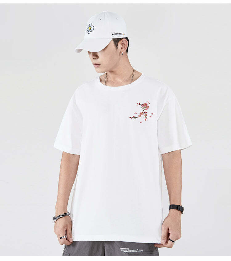 Y2K Sakura Flowers Embroidered Tee - Retro 90s Grunge, Pastel Goth, Summer Y2K Outfits