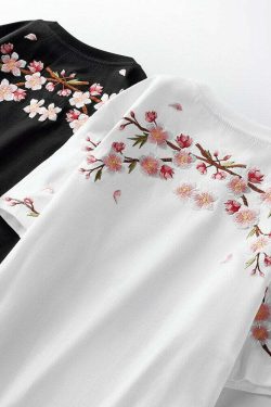 Y2K Sakura Flowers Embroidered Tee - Retro 90s Grunge, Pastel Goth, Summer Y2K Outfits