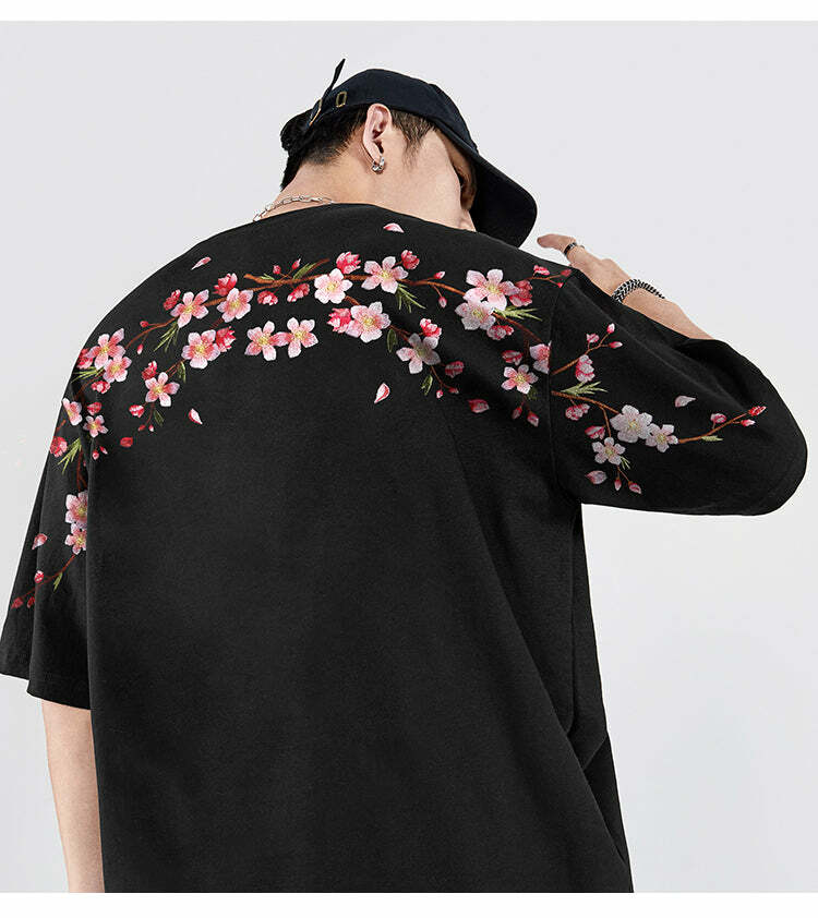 Y2K Sakura Flowers Embroidered Tee - Retro 90s Grunge, Pastel Goth, Summer Y2K Outfits