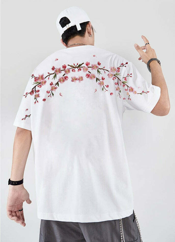 Y2K Sakura Flowers Embroidered Tee - Retro 90s Grunge, Pastel Goth, Summer Y2K Outfits