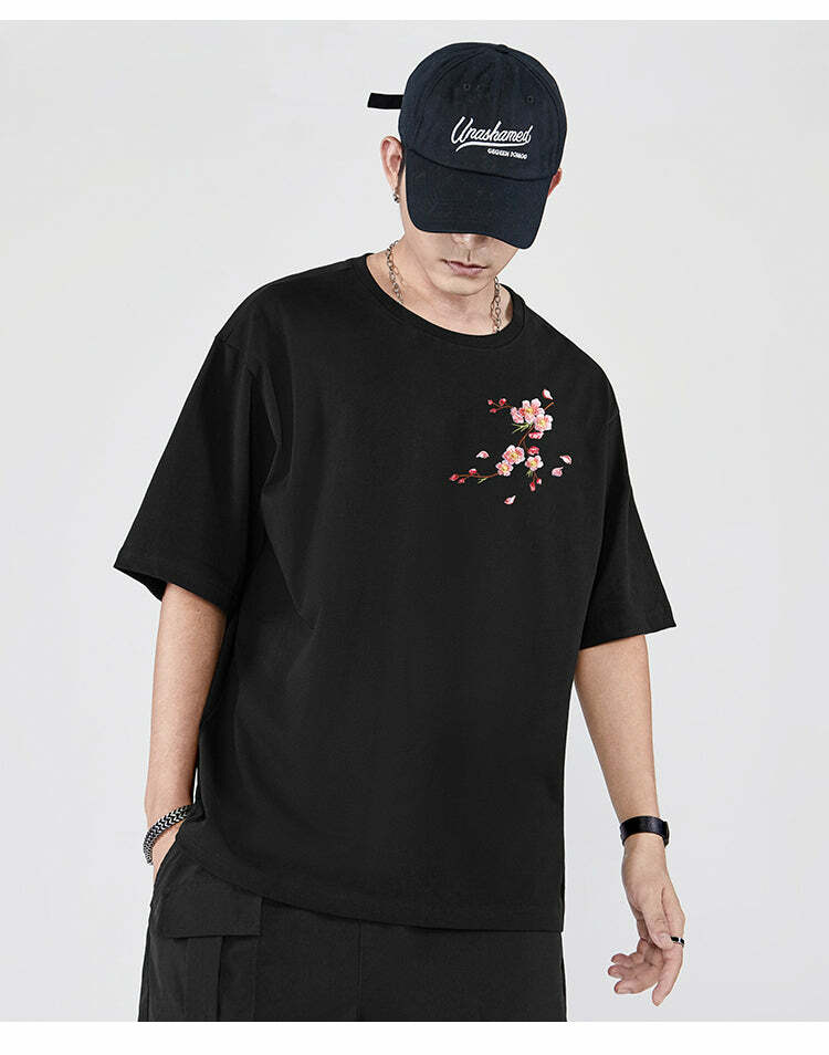 Y2K Sakura Flowers Embroidered Tee - Retro 90s Grunge, Pastel Goth, Summer Y2K Outfits
