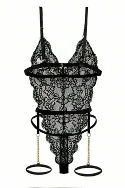 Y2K Sexy Black Lace Chain Garter Teddy Bodysuit Lingerie - 90s Grunge, Retro, Gothic Y2K Fashion