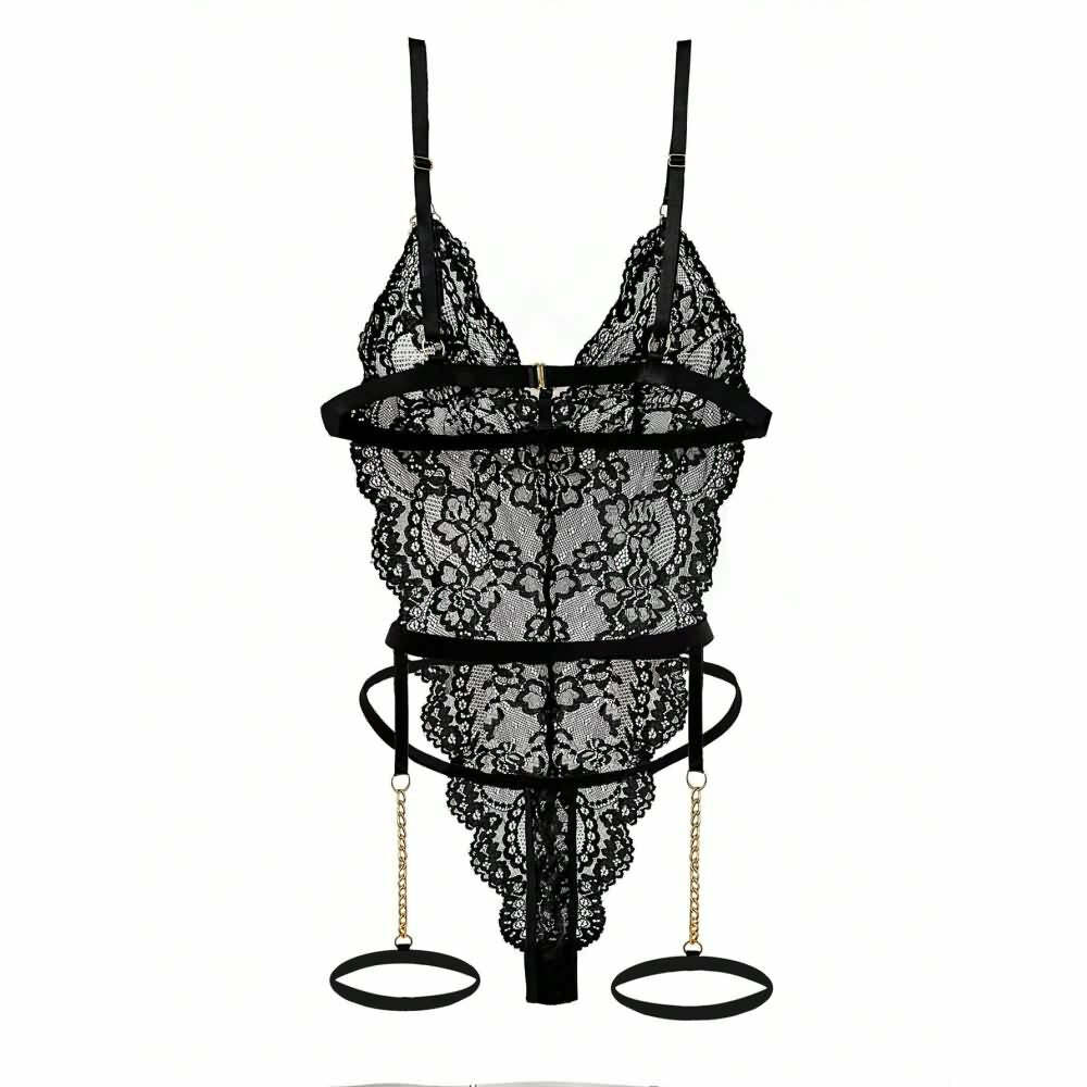 Y2K Sexy Black Lace Chain Garter Teddy Bodysuit Lingerie - 90s Grunge, Retro, Gothic Y2K Fashion