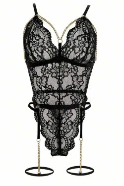 Y2K Sexy Black Lace Chain Garter Teddy Bodysuit Lingerie - 90s Grunge, Retro, Gothic Y2K Fashion