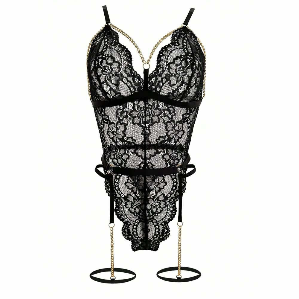 Y2K Sexy Black Lace Chain Garter Teddy Bodysuit Lingerie - 90s Grunge, Retro, Gothic Y2K Fashion