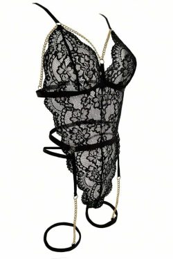 Y2K Sexy Black Lace Chain Garter Teddy Bodysuit Lingerie - 90s Grunge, Retro, Gothic Y2K Fashion