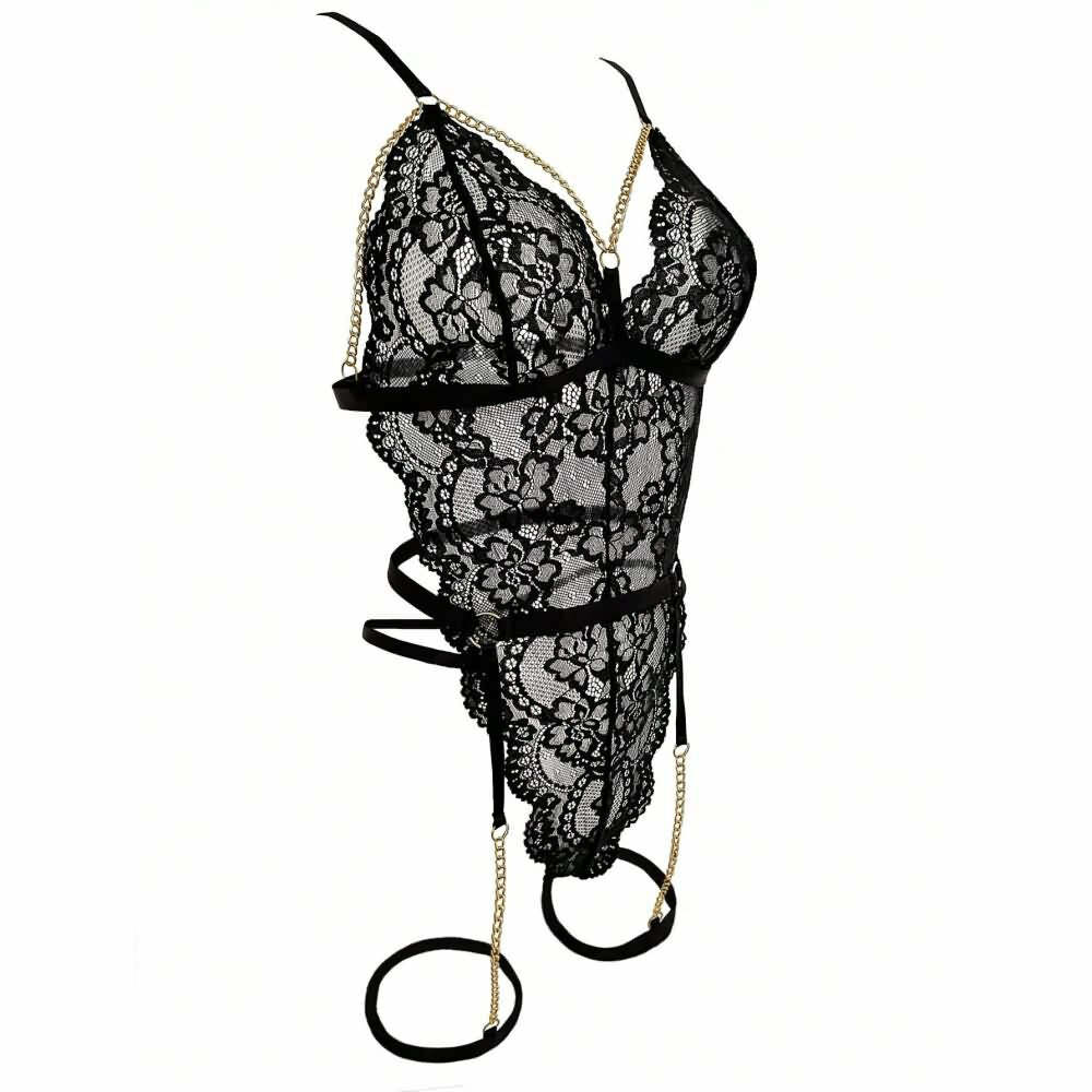 Y2K Sexy Black Lace Chain Garter Teddy Bodysuit Lingerie - 90s Grunge, Retro, Gothic Y2K Fashion