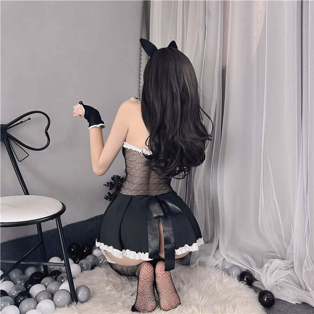 Y2K Sexy Cat Lingerie Costume, Mesh Bedroom Cosplay Outfit - Retro 90s Grunge & Pastel Goth Style
