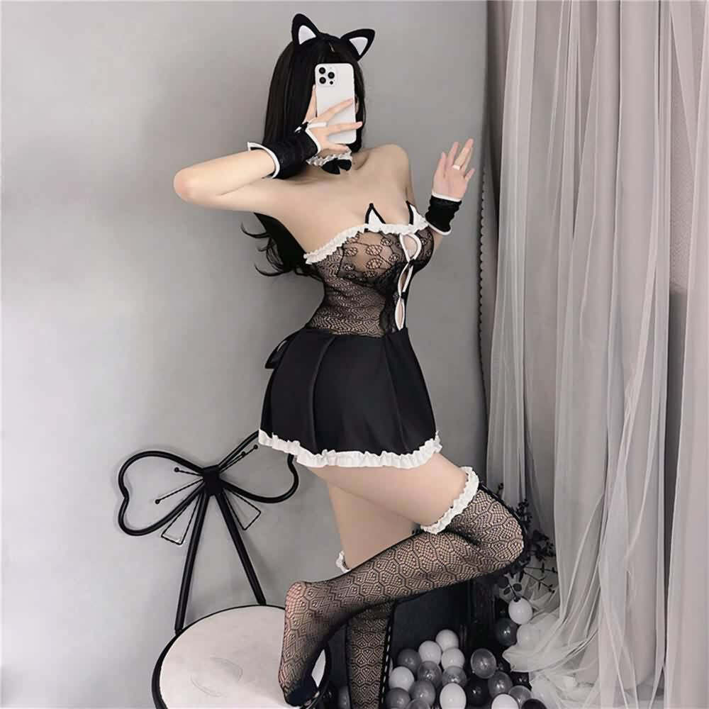 Y2K Sexy Cat Lingerie Costume, Mesh Bedroom Cosplay Outfit - Retro 90s Grunge & Pastel Goth Style
