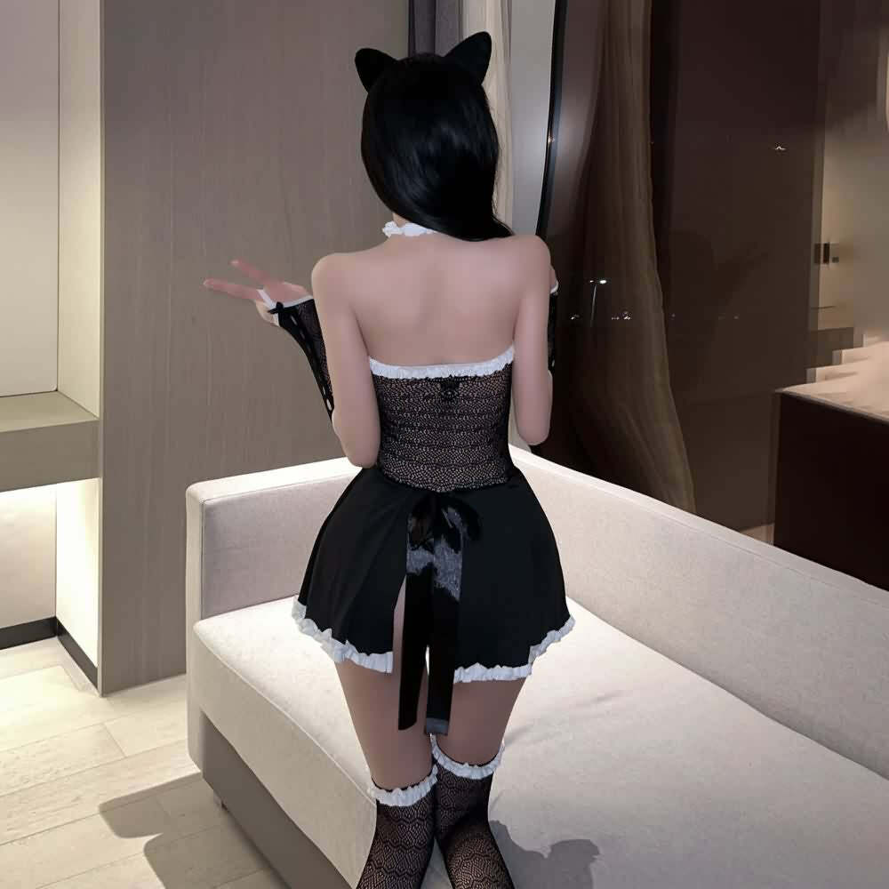 Y2K Sexy Cat Lingerie Costume, Mesh Bedroom Cosplay Outfit - Retro 90s Grunge & Pastel Goth Style