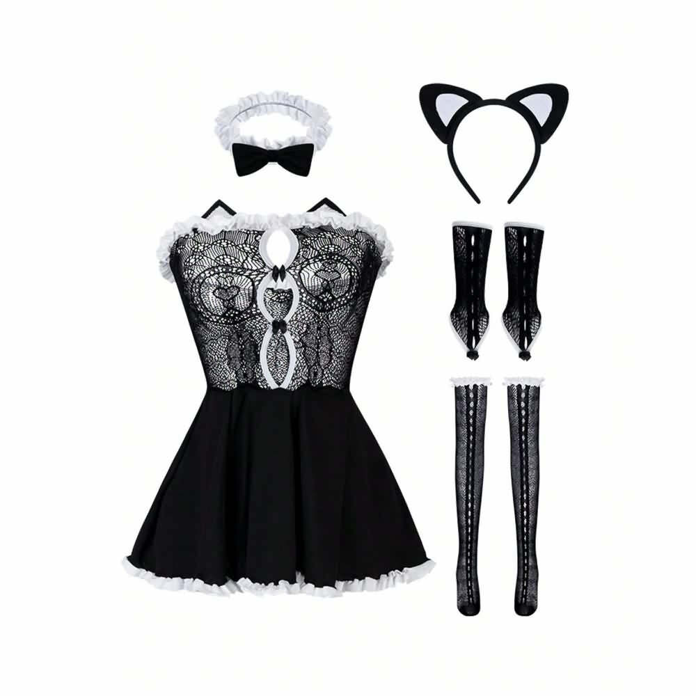 Y2K Sexy Cat Lingerie Costume, Mesh Bedroom Cosplay Outfit - Retro 90s Grunge & Pastel Goth Style