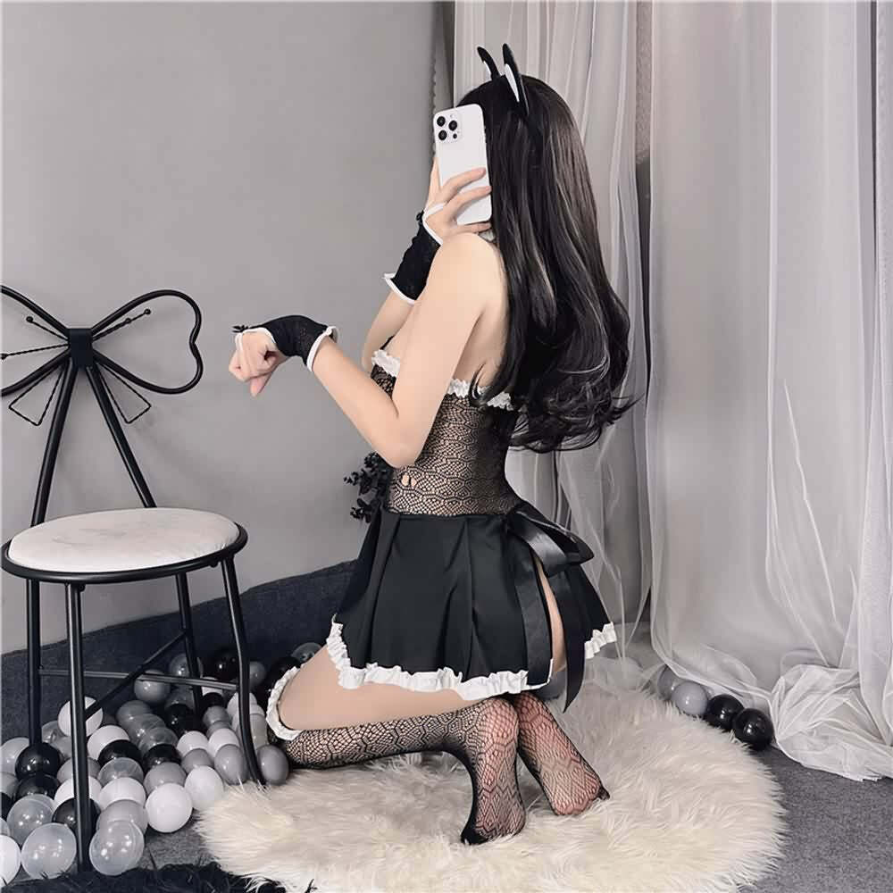 Y2K Sexy Cat Lingerie Costume, Mesh Bedroom Cosplay Outfit - Retro 90s Grunge & Pastel Goth Style