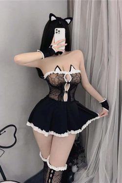 Y2K Sexy Cat Lingerie Costume, Mesh Bedroom Cosplay Outfit - Retro 90s Grunge & Pastel Goth Style