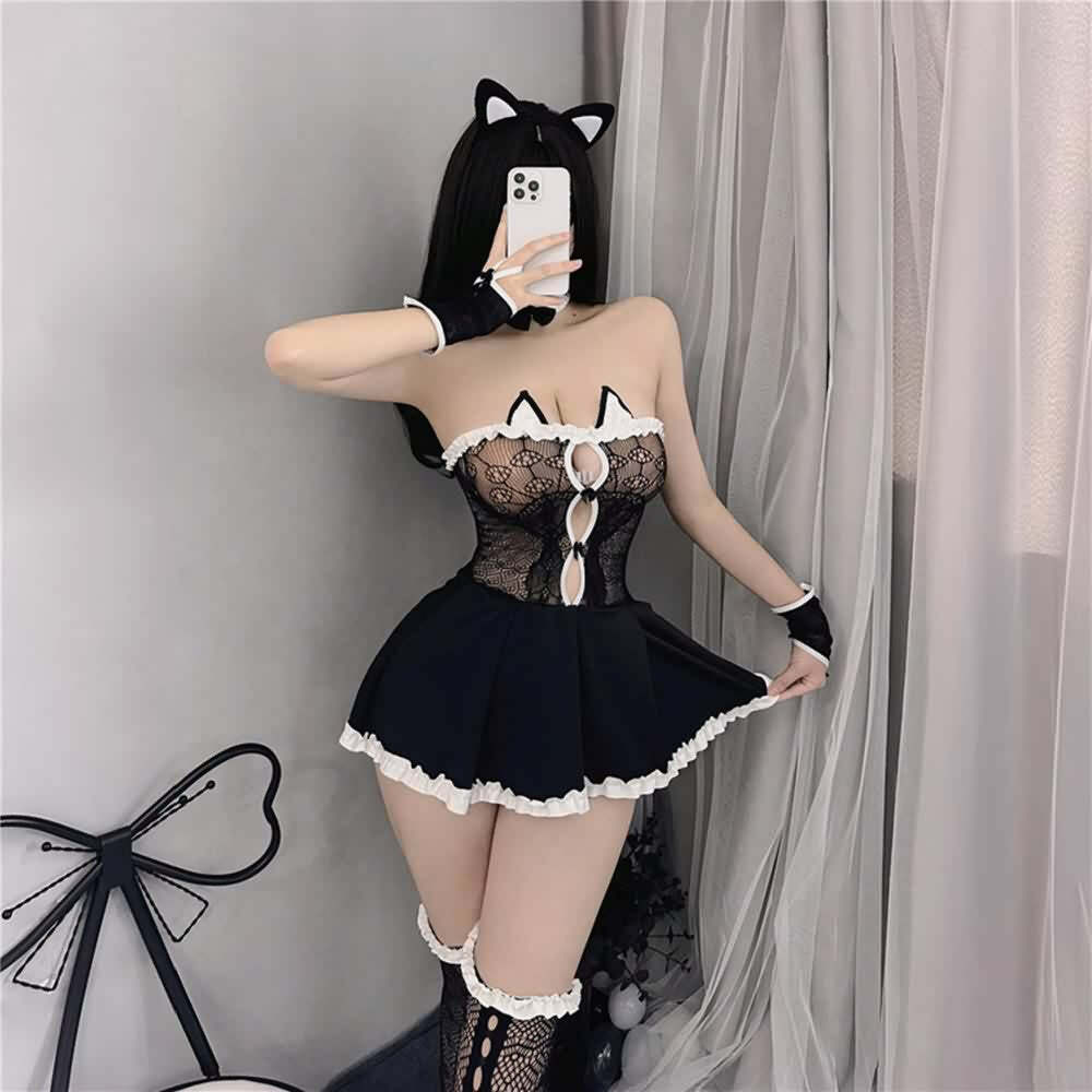 Y2K Sexy Cat Lingerie Costume, Mesh Bedroom Cosplay Outfit - Retro 90s Grunge & Pastel Goth Style