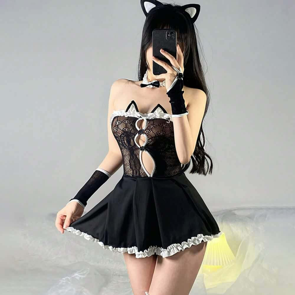 Y2K Sexy Cat Lingerie Costume, Mesh Bedroom Cosplay Outfit - Retro 90s Grunge & Pastel Goth Style