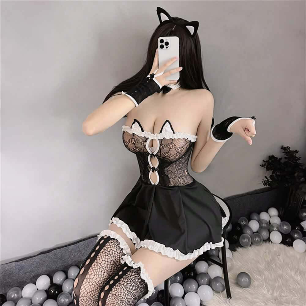 Y2K Sexy Cat Lingerie Costume, Mesh Bedroom Cosplay Outfit - Retro 90s Grunge & Pastel Goth Style