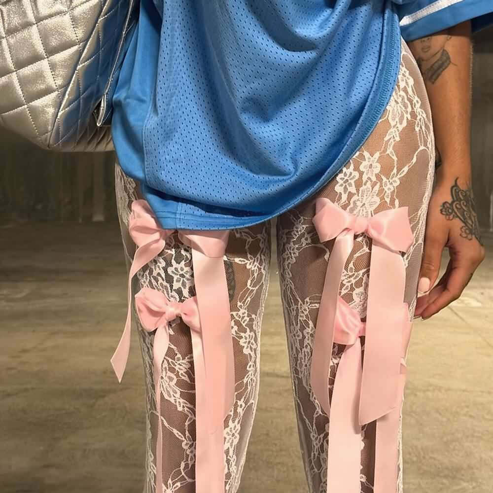 Y2K Sheer Lace Flare Pants - Retro 90s Grunge, Summer Outfits, Party & Club Fashion