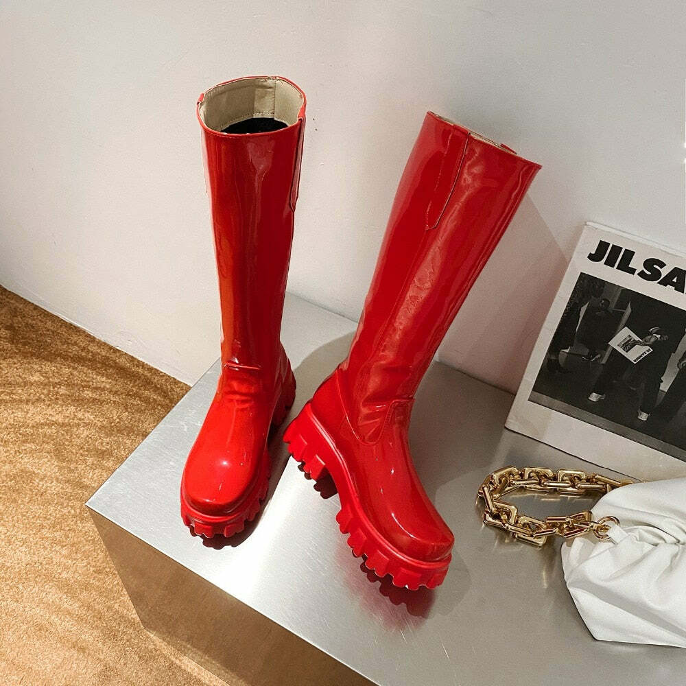 Y2K Shiny Knee-High Boots - Retro 90s Grunge, Summer Party, Club & Popstar Outfits