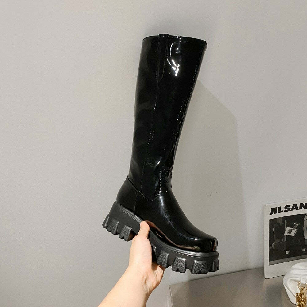 Y2K Shiny Knee-High Boots - Retro 90s Grunge, Summer Party, Club & Popstar Outfits