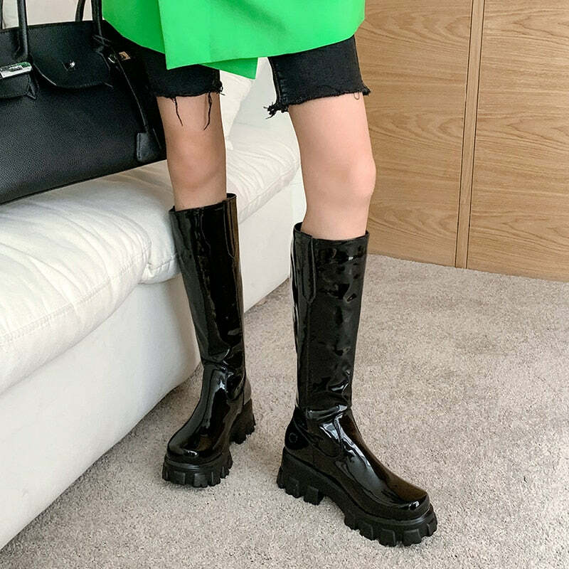 Y2K Shiny Knee-High Boots - Retro 90s Grunge, Summer Party, Club & Popstar Outfits
