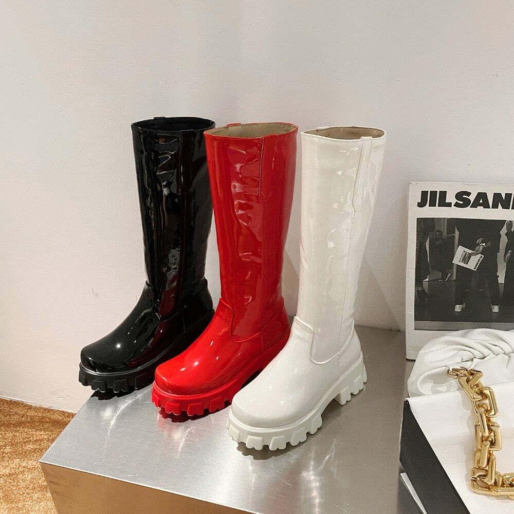 Y2K Shiny Knee-High Boots - Retro 90s Grunge, Summer Party, Club & Popstar Outfits