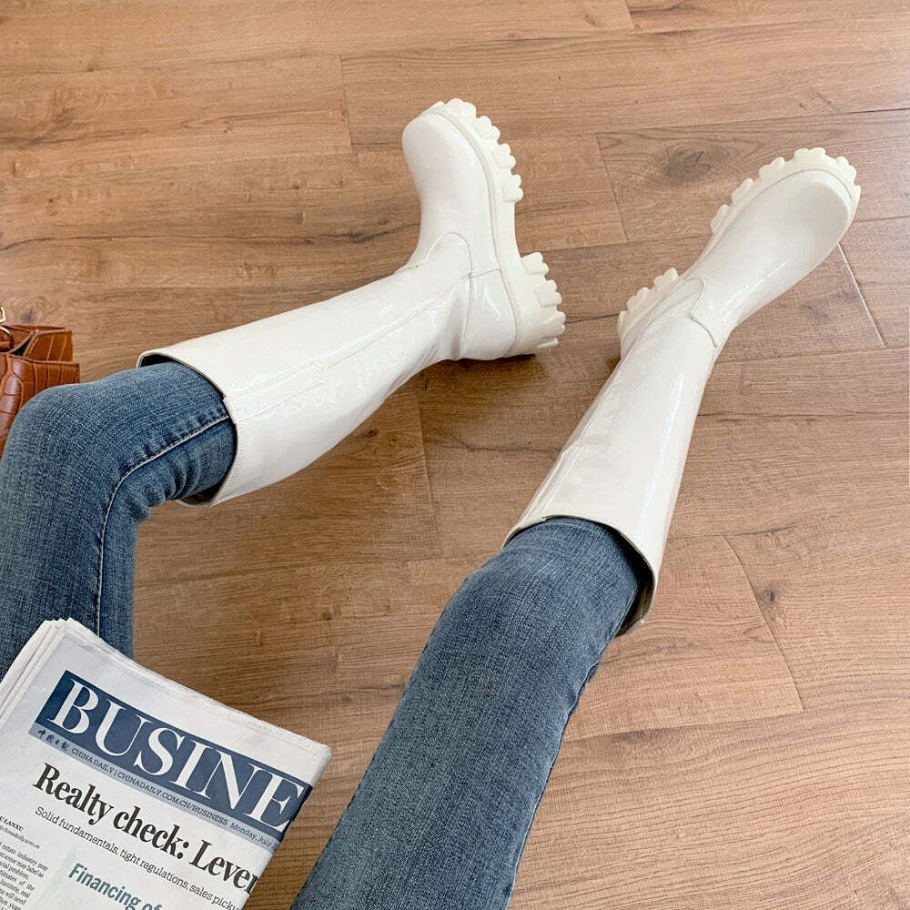 Y2K Shiny Knee-High Boots - Retro 90s Grunge, Summer Party, Club & Popstar Outfits