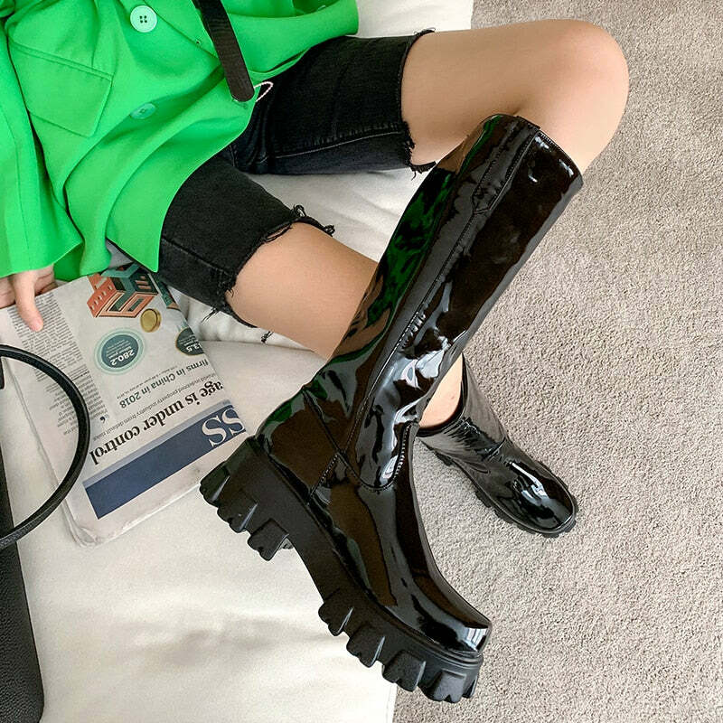 Y2K Shiny Knee-High Boots - Retro 90s Grunge, Summer Party, Club & Popstar Outfits