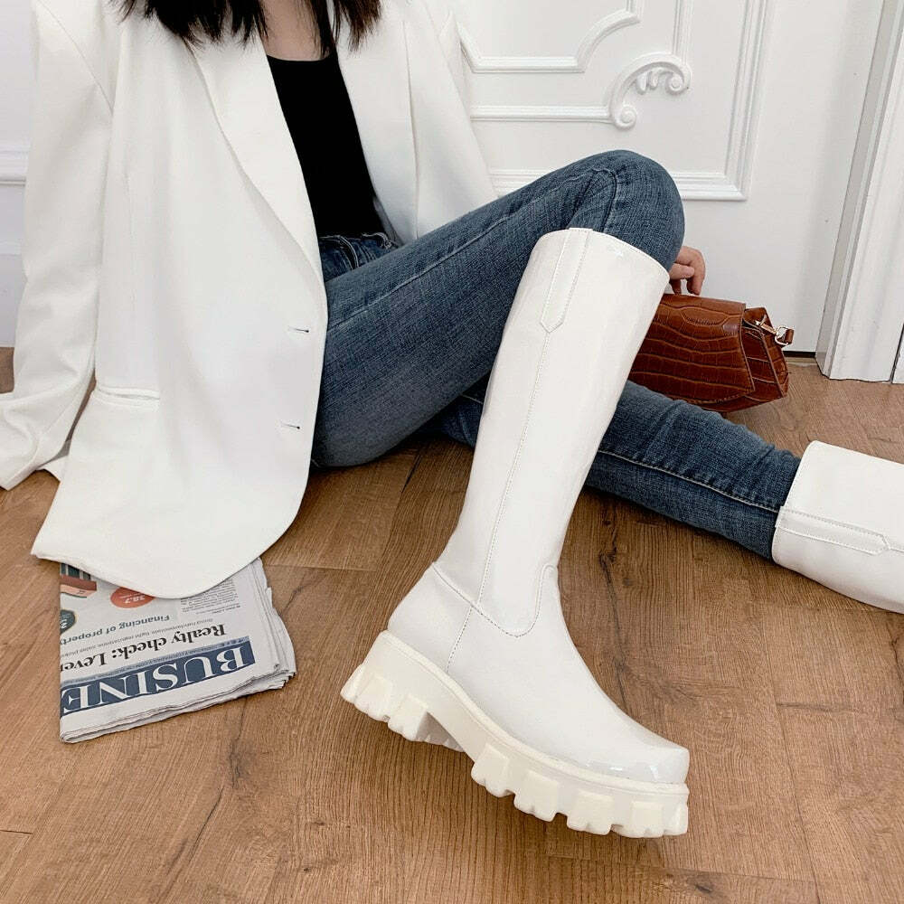 Y2K Shiny Knee-High Boots - Retro 90s Grunge, Summer Party, Club & Popstar Outfits