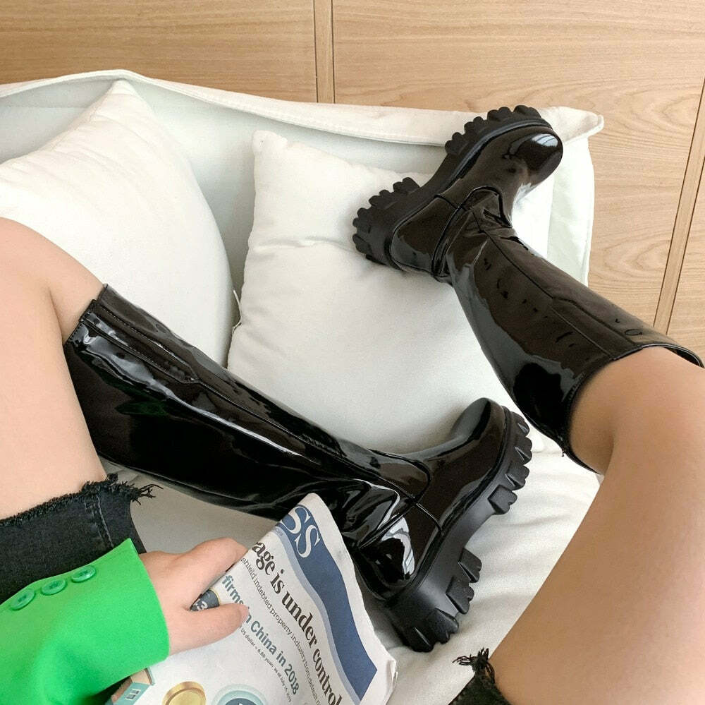 Y2K Shiny Knee-High Boots - Retro 90s Grunge, Summer Party, Club & Popstar Outfits