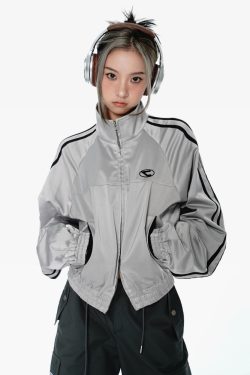 Y2K Silver Track Jacket - 90s Grunge, Retro Hip Hop, Summer Y2K Outfits, Pastel Goth Style