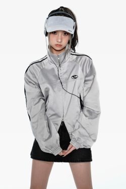 Y2K Silver Track Jacket - 90s Grunge, Retro Hip Hop, Summer Y2K Outfits, Pastel Goth Style