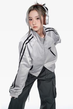 Y2K Silver Track Jacket - 90s Grunge, Retro Hip Hop, Summer Y2K Outfits, Pastel Goth Style