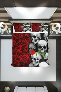 Y2K Skull and Rose Duvet Cover Set - Grunge, 90s, Gothic, Retro, Pastel Goth, Y2K
