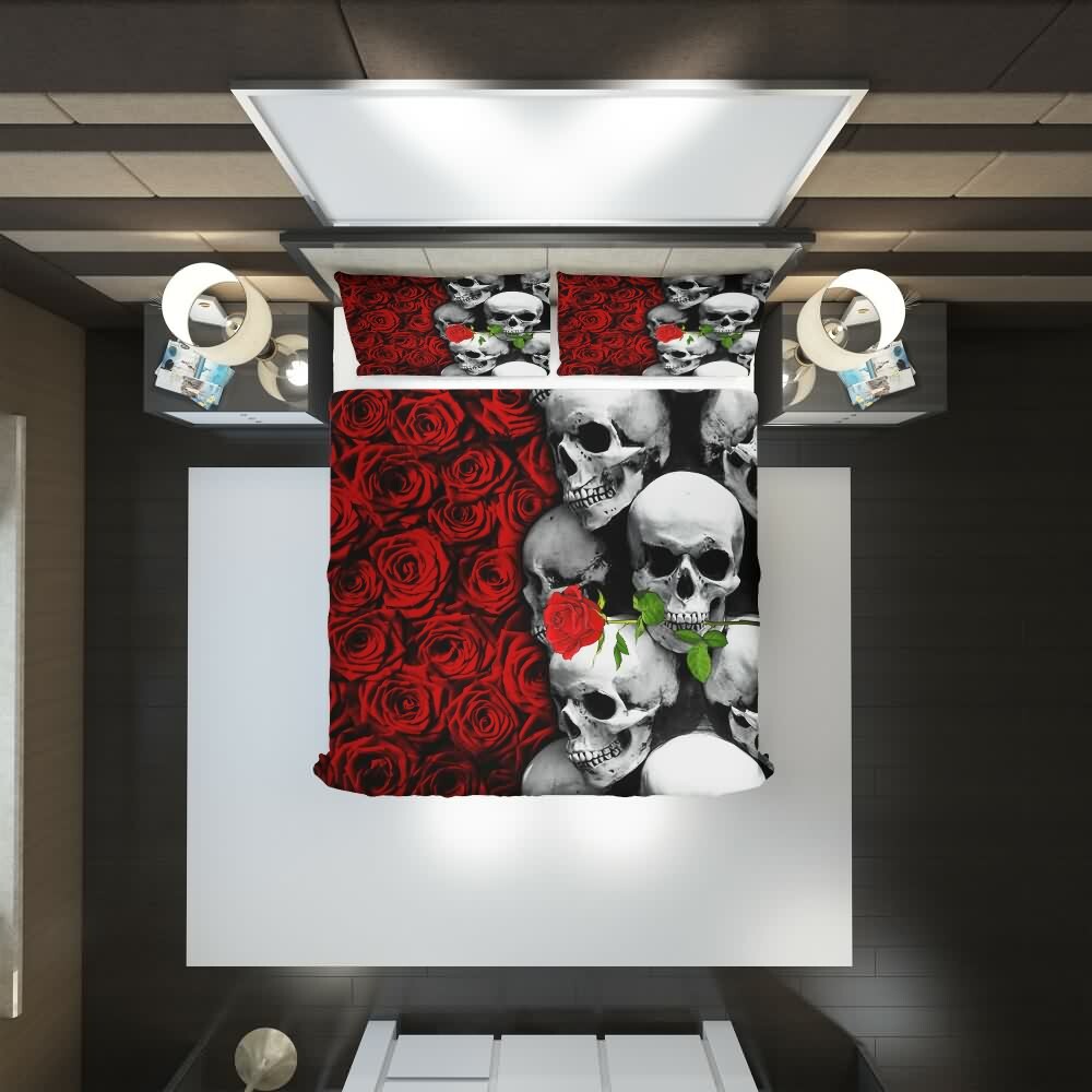 Y2K Skull and Rose Duvet Cover Set - Grunge, 90s, Gothic, Retro, Pastel Goth, Y2K